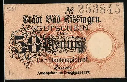 Notgeld Bad Kissingen 1918, 50 Pfennig, Gutschein der Stadt mit Gebäudeabbildung auf Rückseite