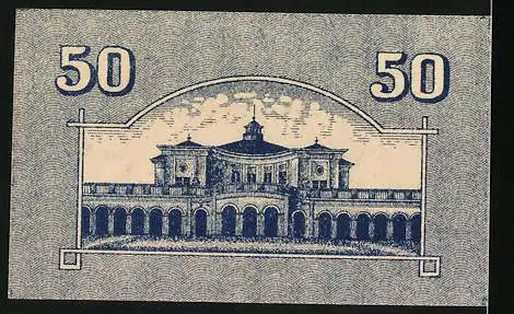 Notgeld Bad Kissingen 1918, 50 Pfennig, Gutschein der Stadt mit Gebäudeabbildung auf Rückseite