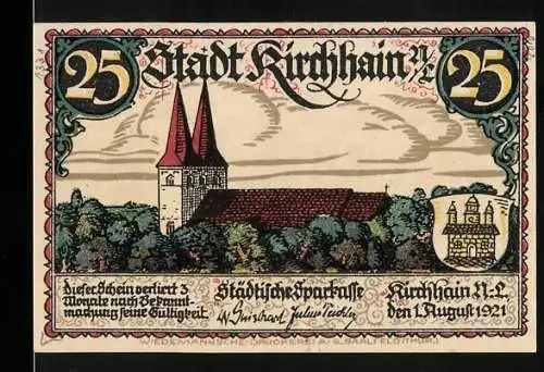 Notgeld Kirchhain, 1921, 25 Pfennig, Stadtansicht und Arbeiter auf dem Feld