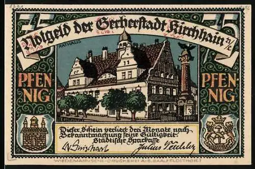 Notgeld Kirchhain, 75 Pfennig, Rathaus und Gerber bei der Arbeit, Seriennummer 30180