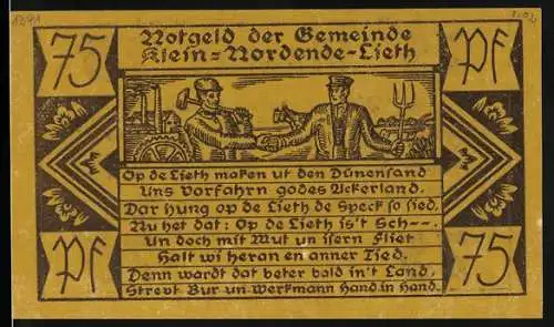 Notgeld Klein-Nordende-Lieth, 1921, 75 Pfennig, Motiv mit Bauern und Traktor, gültig bis 31. Dezember 1921