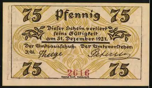 Notgeld Klein-Nordende-Lieth, 1921, 75 Pfennig, Motiv mit Bauern und Traktor, gültig bis 31. Dezember 1921