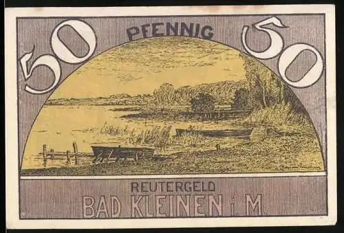 Notgeld Bad Kleinen i. M. 1922, 50 Pfennig, Landschaft mit Booten und Segelschiff