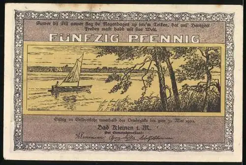 Notgeld Bad Kleinen i. M. 1922, 50 Pfennig, Landschaft mit Booten und Segelschiff