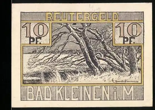 Notgeld Bad Kleinen i.M., 1921, 10 Pfennig, Reutergeld mit Baum und Segelboot