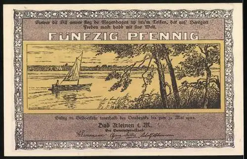 Notgeld Bad Kleinen i. M., 1922, 50 Pfennig, Landschaft mit Booten und Segelboot auf dem See