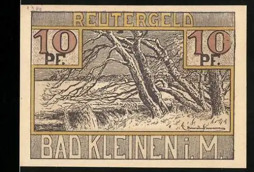 Notgeld Bad Kleinen, 10 Pfennig, Reutergeld mit Baum und Segelbootmotiv