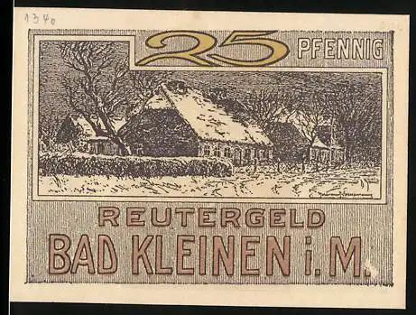 Notgeld Bad Kleinen i. M., 1920, 25 Pfennig, Reutergeld mit winterlicher Dorfszene und Text