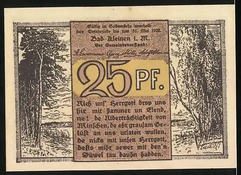 Notgeld Bad Kleinen i. M., 1920, 25 Pfennig, Reutergeld mit winterlicher Dorfszene und Text