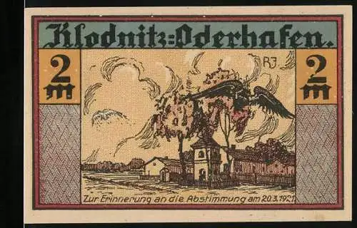 Notgeld Klodnitz-Oderhafen 1921, 2 Mark, Erinnerung an die Abstimmung, Baum und Wappenabbildung