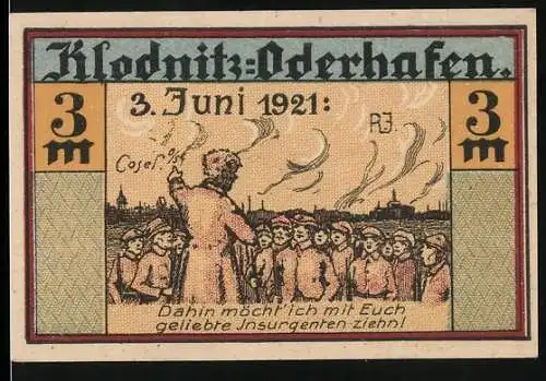 Notgeld Klodnitz-Oderhafen 1921, 3 Mark, Illustration von Menschenmenge und Baum mit Wappen auf der Rückseite