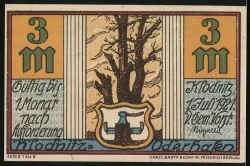 Notgeld Klodnitz-Oderhafen 1921, 3 Mark, Illustration von Menschenmenge und Baum mit Wappen auf der Rückseite