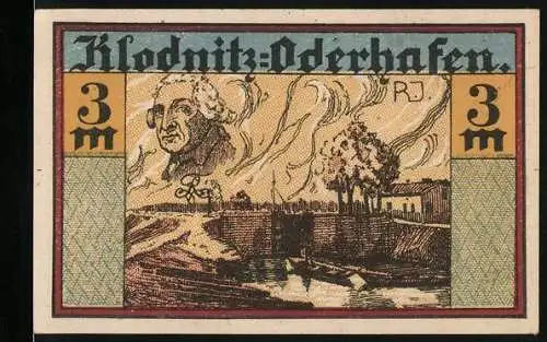 Notgeld Klodnitz-Oderhafen, 1921, 3 Mark, Porträt, Landschaft und Baum, Gültigkeit 1 Monat