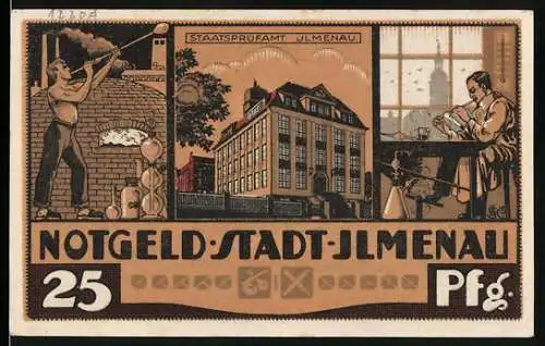 Notgeld Ilmenau, 25 Pfennig, Staatsprüfamt und Arbeiterdarstellungen, Wappen mit Türmen und Ornamenten