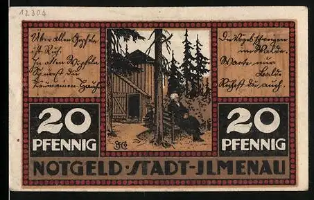 Notgeld Ilmenau, 1921, 20 Pfennig, Zwei Gedichtstrophen, sitzende Frau vor Holzhütte