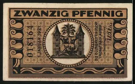 Notgeld Ilmenau, 1921, 20 Pfennig, Zwei Gedichtstrophen, sitzende Frau vor Holzhütte