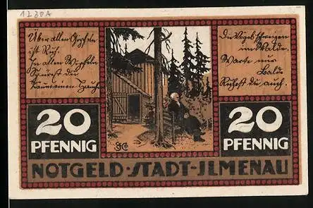 Notgeld Ilmenau, 1921, 20 Pfennig, Illustration eines Mannes vor einem Haus im Wald, Stadtwappen auf Rückseite