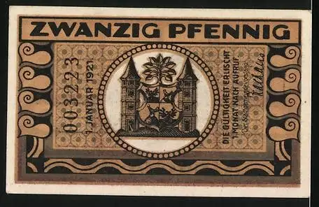 Notgeld Ilmenau, 1921, 20 Pfennig, Illustration eines Mannes vor einem Haus im Wald, Stadtwappen auf Rückseite