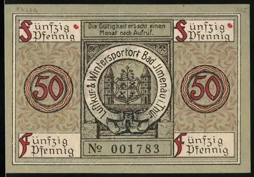 Notgeld Ilmenau 1921, 50 Pfennig, Stadtansicht und Stadtwappen mit Schriftzug Luftkur- & Wintersportort Bad Ilmenau