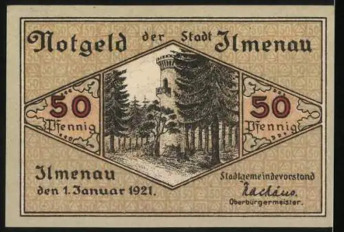 Notgeld Ilmenau 1921, 50 Pfennig, Stadtansicht und Stadtwappen mit Schriftzug Luftkur- & Wintersportort Bad Ilmenau