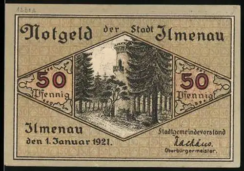 Notgeld Ilmenau 1921, 50 Pfennig, Turm und Waldmotive, No. 002881, Gültigkeit erlischt einen Monat nach Aufruf