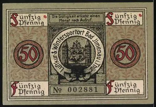 Notgeld Ilmenau 1921, 50 Pfennig, Turm und Waldmotive, No. 002881, Gültigkeit erlischt einen Monat nach Aufruf