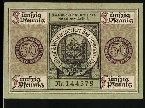 Notgeld Ilmenau, 1921, 50 Pfennig, Wappen und Aussichtsturm mit Bäumen