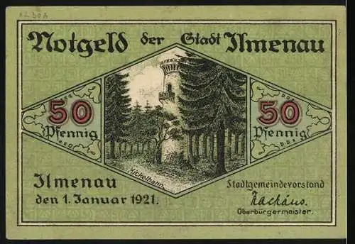 Notgeld Ilmenau, 1921, 50 Pfennig, Wappen und Aussichtsturm mit Bäumen