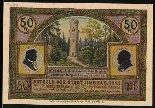 Notgeld Ilmenau 1921, 50 Pfennig, Goethe und Schiller, Turm und Wald, Wanderers Nachtlied