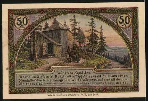 Notgeld Ilmenau 1921, 50 Pfennig, Goethe und Schiller, Turm und Wald, Wanderers Nachtlied