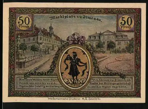 Notgeld Ilmenau, 1921, 50 Pfennig, Marktplatz zu Ilmenau und Turm auf dem Kickelhahn