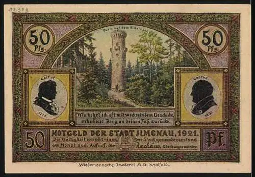 Notgeld Ilmenau, 1921, 50 Pfennig, Marktplatz zu Ilmenau und Turm auf dem Kickelhahn