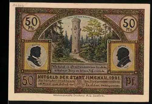 Notgeld Ilmenau 1921, 50 Pfennig, Goethe und Turm auf dem Kickelhahn, Altes Jagdschloss Gabelbach