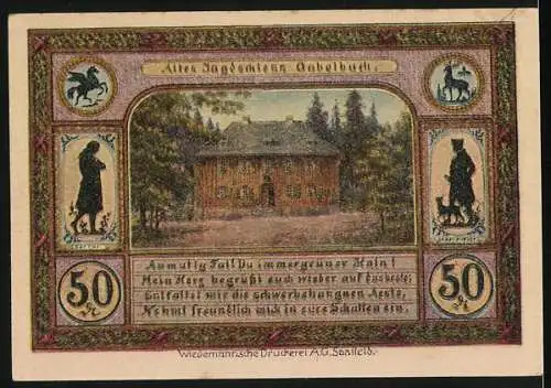 Notgeld Ilmenau 1921, 50 Pfennig, Goethe und Turm auf dem Kickelhahn, Altes Jagdschloss Gabelbach