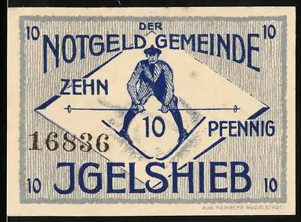 Notgeld Igelshieb, 1921, 10 Pfennig, blaue Darstellung eines Mannes beim Skifahren und einer Frau beim Skifahren