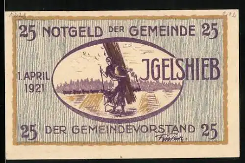 Notgeld Igelshieb, 1921, 25 Pfennig, Holzträger und Skifahrer in Landschaft