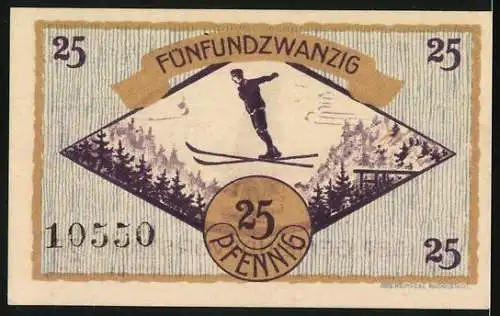 Notgeld Igelshieb, 1921, 25 Pfennig, Holzträger und Skifahrer in Landschaft