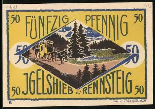 Notgeld Igelshieb a/R Rennsteig, 1921, 50 Pfennig, Pferdekutsche und Wanderer im Wald