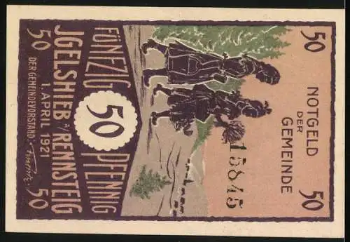 Notgeld Igelshieb a/R Rennsteig, 1921, 50 Pfennig, Pferdekutsche und Wanderer im Wald