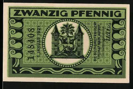 Notgeld Ilmenau, 1921, 20 Pfennig, Türme und Stadtwappen und Mann sitzt vor Hütte im Wald