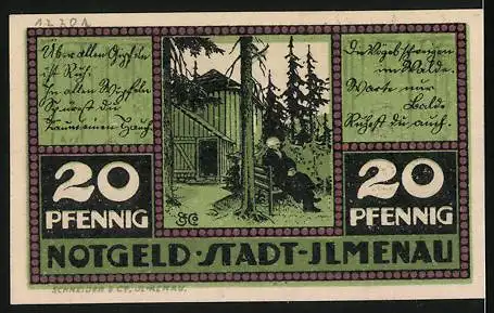 Notgeld Ilmenau, 1921, 20 Pfennig, Türme und Stadtwappen und Mann sitzt vor Hütte im Wald