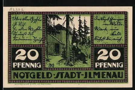 Notgeld Ilmenau, 1921, 20 Pfennig, grün /schwarz, Waldszene mit Hütte und Stadtwappen