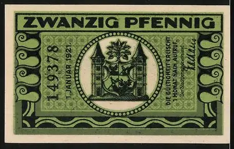 Notgeld Ilmenau, 1921, 20 Pfennig, grün /schwarz, Waldszene mit Hütte und Stadtwappen