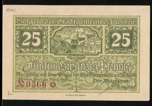 Notgeld Jarmen, 1920, 25 Pfennig, Stadtansicht und Siegel auf Rückseite