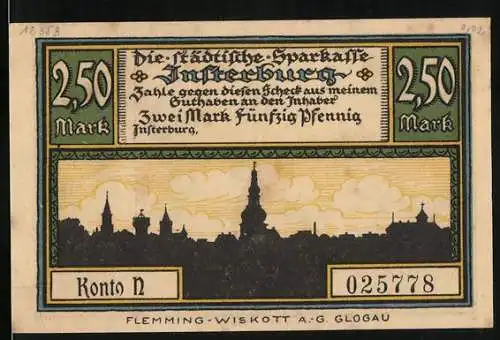 Notgeld Insterburg, 1923, 2.50 Mark, Stadtansicht mit Kirchturm und Lutherkirche