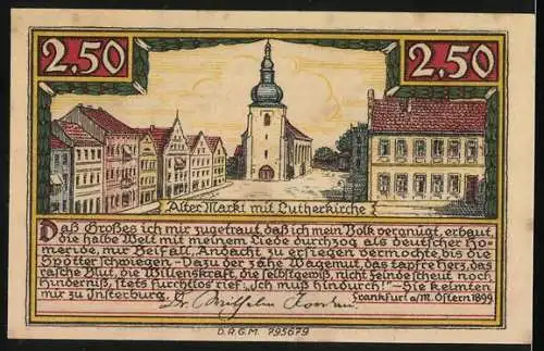 Notgeld Insterburg, 1923, 2.50 Mark, Stadtansicht mit Kirchturm und Lutherkirche