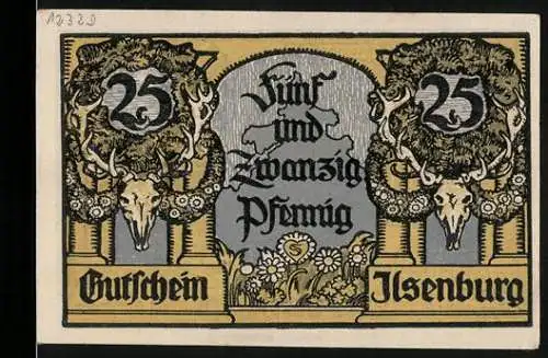 Notgeld Ilsenburg, 1923, 25 Pfennig, Gutschein mit Schlosshof und Hirschgeweihen