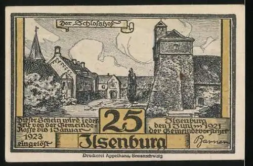 Notgeld Ilsenburg, 1923, 25 Pfennig, Gutschein mit Schlosshof und Hirschgeweihen