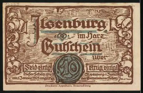 Notgeld Ilsenburg, 1923, 10 Pfennig, Darstellung von Burg und Zwergen, Druckerei Appelhans Braunschweig