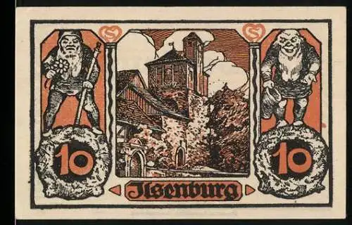 Notgeld Ilsenburg, 1921, 10 Pfennig, Burgansicht und Zwerge, Druckerei Appelhans, Braunschweig